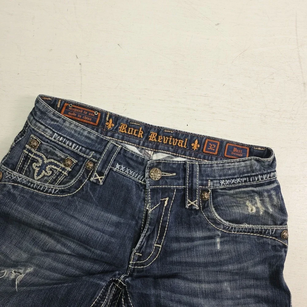 Rock Revival Paul Straight Jeans Men's 32x29 Distressed Dark Wash Thick Stitch